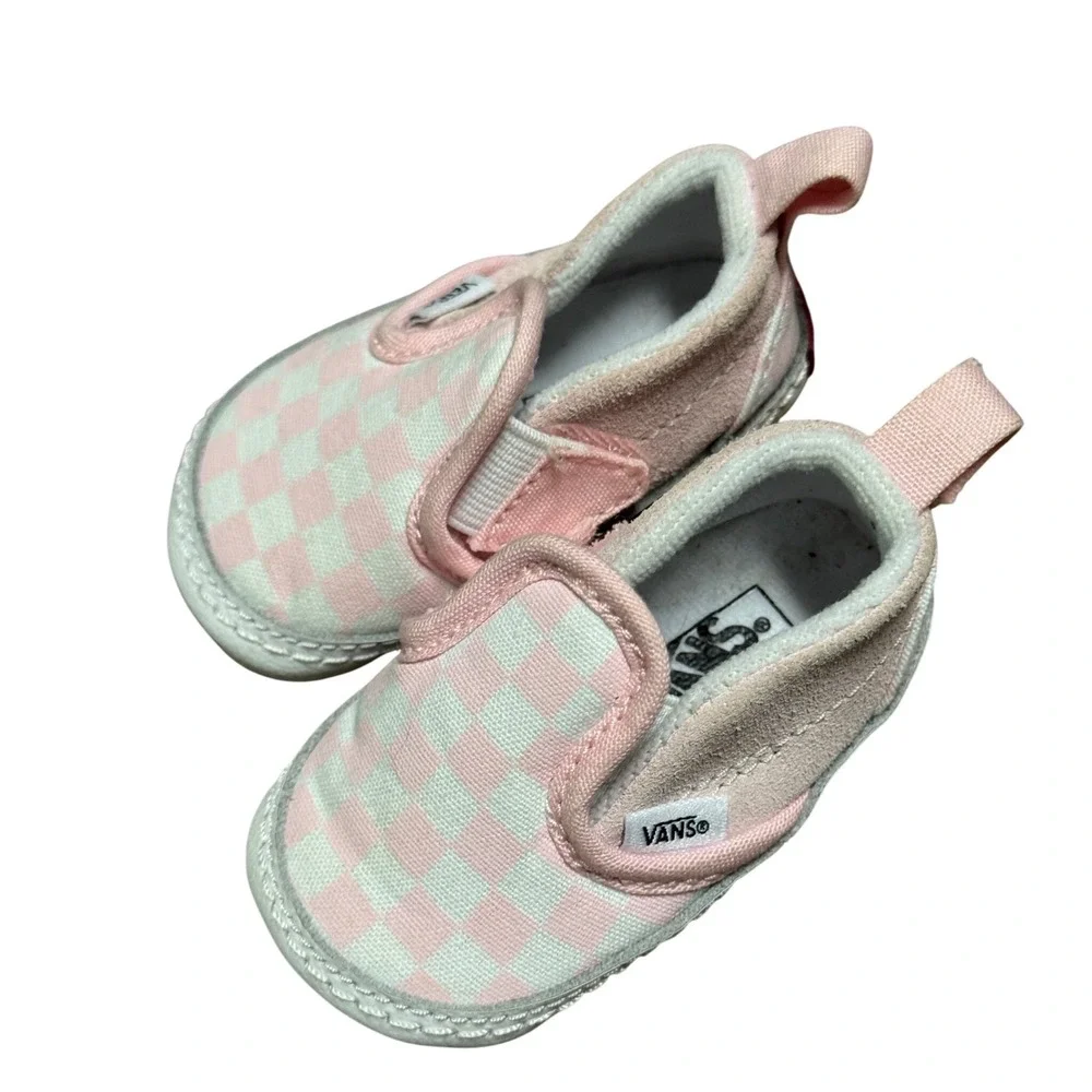 Vans Slip-On V Infant Pink White Checkerboard Crib Shoes Size 1.0 Soft Sole